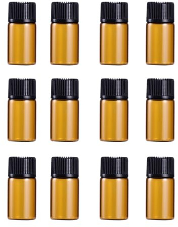 DECORNIJIA 12 PC Mini Amber Glass Vials with Black Lids and Orifice Reducers Small Portable Bottles for Essential Oils Chemistry Chemicals Perfumes Travel and Aromatherapy