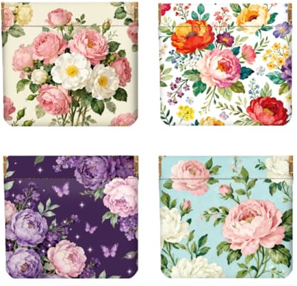 Peacoblue 4 Stück Münzbörse Damen, PU Leder Retro Blumen kleingeldbörse | Kleine Kleingeldbörse mit Reißverschluss, Mini Portemonnaie für Münzen, Schlüssel, Haargummis und kleine Utensilien