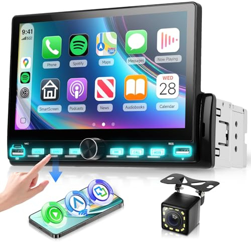 Hodozzy Klaviertasten 1 Din Autoradio mit kabellosem Carplay und Android Auto, 7 Zoll 1 Din Touchscreen Autoradio mit Bluetooth, FM Radio, EQ, Online-Video, Mirror Link, USB/Typ C, SWC+ Kamera