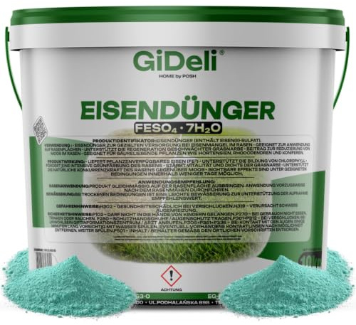 GiDeli Eisendünger 10 kg Im Eimer, Wasserlöslicher Rasendünger Für 500 m² | 100 % Eisensulfat Heptahydrat ohne Füllstoffe, wiederverschließbar und trocken gelagert, kräftiges Blattgrün