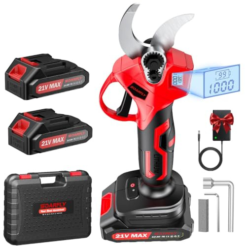SOARFLY 35MM Electric Pruning Shears, 21V Cordless Secateurs with 2 Batteries, Brushless Electric Pruner with Digital Display, SK5 Blade for Garden, Fruit Trees, Vines