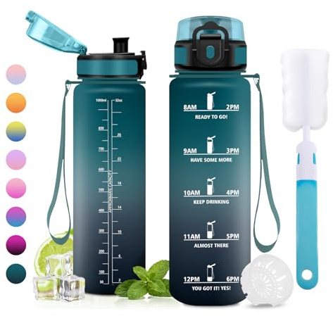 JAPORIA Wasserflasche 1L, BPA-frei, Trinkflasche mit Filter, Trinkflasche Auslaufsicher mit Zeitmarkierung, Sportflasche für Outdoor, Fitness, Schule, Getränkeflasche
