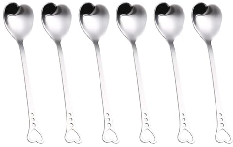 SOLUSTRE 6 Stück Herzförmiger Edelstahl Küchenlöffel mit Rostfreiem Material und Bruchsicherer Funktion für Tee den Täglichen Gebrauch in Silber