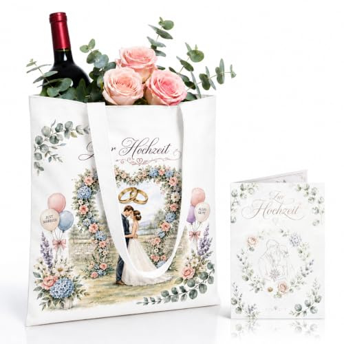 Geschenktüte Hochzeit Mit Grußkarte, Wiederverwendbar (Weiß – 25 x 30 cm) | Leinen Geschenktasche Hochzeit Geschenkverpackung für Kleine und Mittelgroße Geschenke Geschenk zur Hochzeit