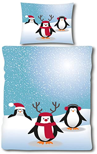 Unbekannt 2-TLG. Fleece Bettwäsche 135x200 + 80x80cm, Motiv: Pinguin, Microfaser, Winterbettwäsche(60338)