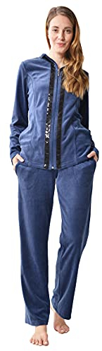 DeSen Damen Deluxe Velours Nicki Freizeitanzug Hausanzug Nicki-Anzug mit Reißverschluss und Pailletten-Leisten（Nachtblau,44/46）