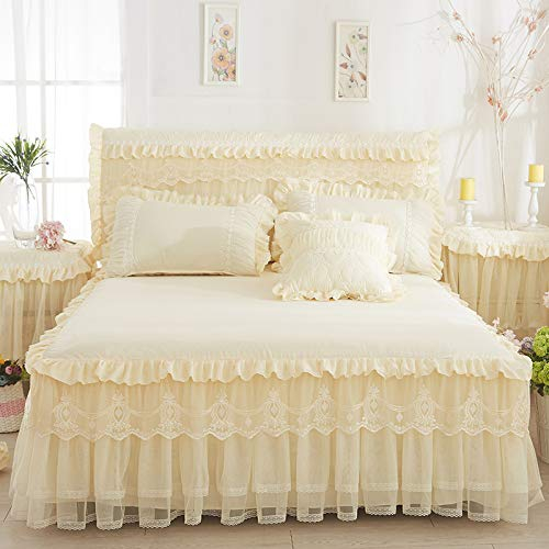 Bettrock Tagesdecke Rüschen Bett Rock, Bett Volant Tagesdecke Mit Rüschen Faltenresistent Und Ausbleichen Beständig,Beige-180x200cm