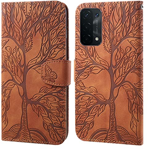 Ailisi Handyhülle für Oppo A54 5G/Oppo A74 5G, Baum Muster Klapphülle Leder Handy Tasche Etui Wallet Flip Case Schutz Hülle Brieftasche mit TPU innen Schale, Kartenfächer, Aufstellfunktion -Braun