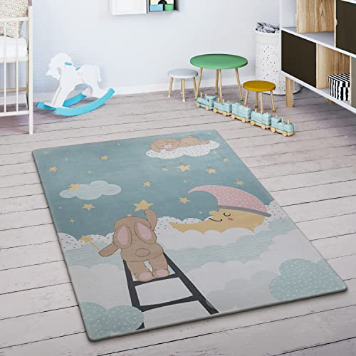 Paco Home Spielmatte Teppich Kinderzimmer Kinderteppich Junge Mädchen rutschfest Modern Sterne Wolken Mond Hase Türkis Creme Rosa, Grösse:120 cm Rund