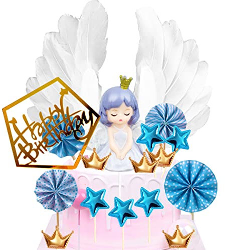 Doyomtoy Decoración para tartas de cumpleaños, corona de ángel, estrellas, alas de ángel, decoración para tartas, decoración para tartas Happy Birthday topper,nube y estrellas
