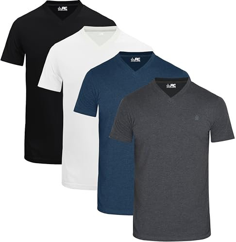 JRC Just Royal Clothing Pack of 4 Mens Short Sleeve V-Neck T-Shirts, Casual Vee Neck Tops (White, Black, Mid Night, Charcoal, L)