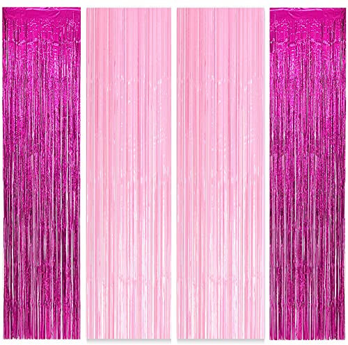Boopati Tende con frange metallizzate per feste a tema BarbeePrincess, decorazioni di compleanno, stelle filanti, decorazioni per feste, 1 x 2 m, colore: rosa e rosso metallizzato, confezione da 4