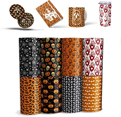 Halloween Transfer Sheets, 8 Sheets 4.5x 12 Pumpkin Spider Skeleton Pre-Printed Sublimation Paper for Heat Press Mug, DIY T- Shirts,Coasters Blanks Orange Black