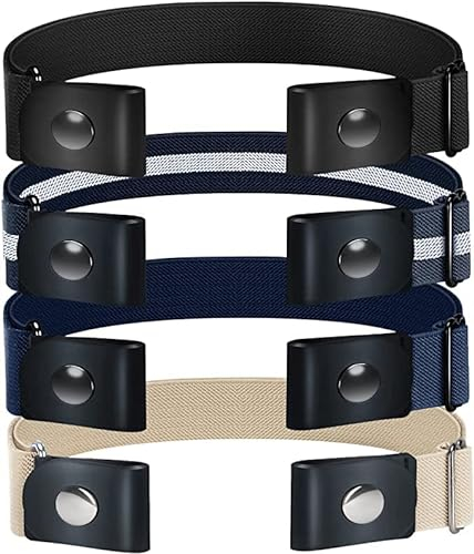TOURZOO Gürtel für Damen/Herren, Schnalle, elastischer Gürtel, unsichtbar, keine Schnalle, Stretch-Taillengürtel für Jeanshosen, Kleider, keine Ausbuchtung, 4pcs/schwarz+blau+blau und weiß+beige,