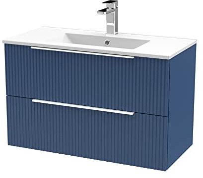 Hudson Reed DFF395B Fluted Modern Bathroom Wall Hung 2 Drawer Vanity Basin Unit with Minimalist Ceramic Basin, 800mm, Satin Blue