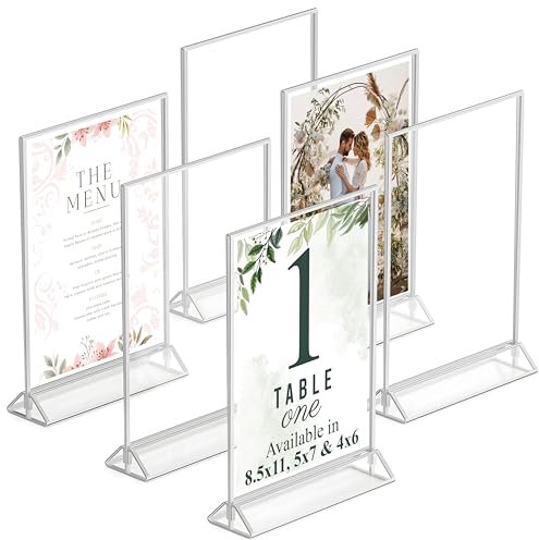Dasher Products Silberner Bilderrahmen, doppelseitig, 6 Stück, 12,7 x 17,8 cm, Acryl, silberfarbene Tischnummernhalter, transparente Staffelei-Tischständer für Schilder, silberfarbene Rahmen für