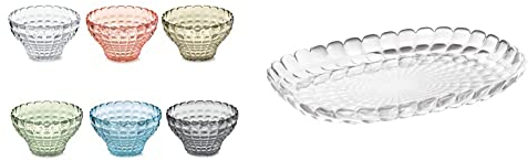 Guzzini Fratelli, Set 6 Copette, Tiffany, Multicolore, 12 cm & Vassoio a Servire Piccolo Tiffany, Trasparente, 32 x 22.5 x h3 cm