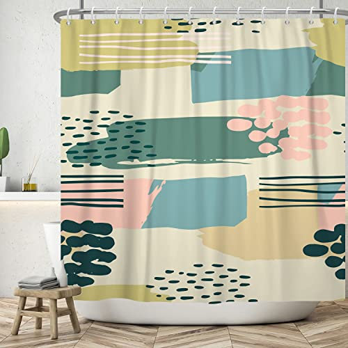Bovlleetd 152x183cm Plante Bohème Rideau De Douche Vert Rose Jaune - Aquarelle Abstrait Art Moderne Pour Salle De Bain - Étanche Avec Crochet