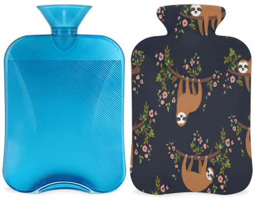 Niedliche Faultier-Wärmflasche mit Blumenbaum, 2 l, Faultier-Blume, PVC-Wärmflasche für Hand-Fußwärmer, Schmerzlinderung, Wärmekompresse und Kältetherapie