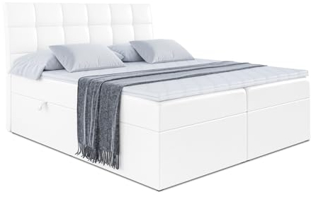 ALTDECOR Boxspringbett mit Matratze und Lattenrost, Boxbett, Topper, Polsterbett mit Bettkasten, Bett mit Stauraum H3-Matratze, Doppelbett, Springboxbett - APO - 180x200 - Weiß Kunstleder