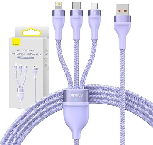 Baseus 3in1 USB Kabel Flash II Serie, USB-C + Micro USB + Lightning, 66W, 1,2m (Lila)