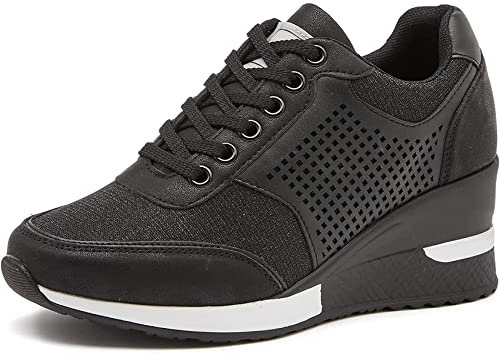 EXECAB Zapatillas de Deporte con cuña para Mujer, Zapatillas con Cordones de tacón de 3,15 , Zapatos de Plataforma de tacón Oculto Antideslizantes, Zapatos de Boda para Caminar,Negro,36