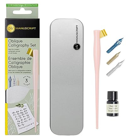 MANUSCRIPT Modern Oblique Calligraphy Writing Pen Set (Pink) - 1x Dip Pen Holder, 3x Dip Nibs, Black Ink (7ml) & Practice Sheet, Ideal for Modern Calligraphy