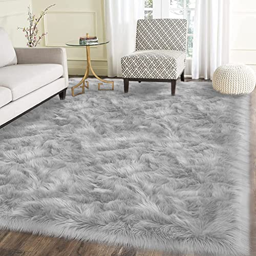 JXLOULAN Faux Lammfell Schaffell Teppich 160 x 230 cm Flauschig Nachahmung Wolle fellteppich Weiche Longhair Fell Bettvorleger Sofa Matte(Grau)