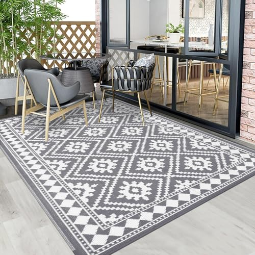Enyhom Tappeto da esterno per patio, 120 x 180 cm, portatile, pieghevole, per camper, campeggio, impermeabile, in plastica, reversibile, resistente, per cortile, terrazza, spiaggia, rimorchio, grigio