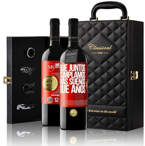 «Que juntos cumplamos más sueños que años» Mensaje en una Botella. Estuche-Maletín de LUJO 2x Vino Tinto Premium Reserva 12 Meses y Set de 4 Accesorios. Etiqueta Roja PERSONALIZABLE