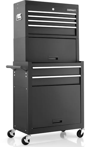 GYMAX 2 in 1 Werkstattwagen, Werkzeugwagen mit 6 Schubladen & Haken, Rollwagen mit unterem Schrank, Werkzeugschrank für Garage & Lagerhaus, 61,5 x 33 x 132 cm (Schwarz)