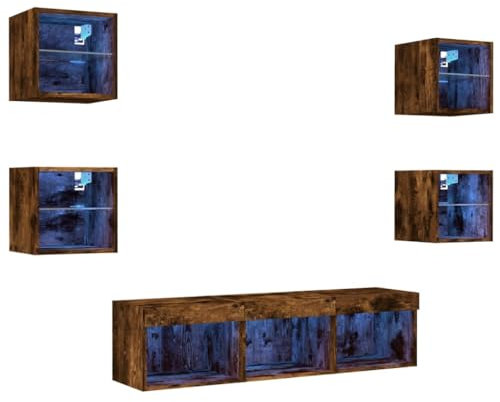vidaXL Wohnwand 7-TLG., Schrankwand mit viel Stauraum, Anbauwand mit LED-Beleuchtung, Wandmontage Fernsehschrank Wohnzimmer Set, Räuchereiche Holzwerkstoff