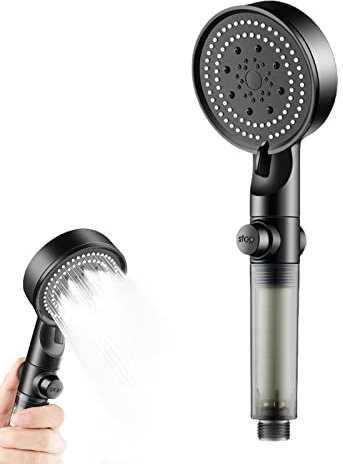 Alcachofa de ducha de ahorro de agua, filtro de ducha de mano, piedras minerales y 5 tipos de chorro, ducha de aumento de presión, ABS de alta presión, ahorro de agua con función antical (negro)