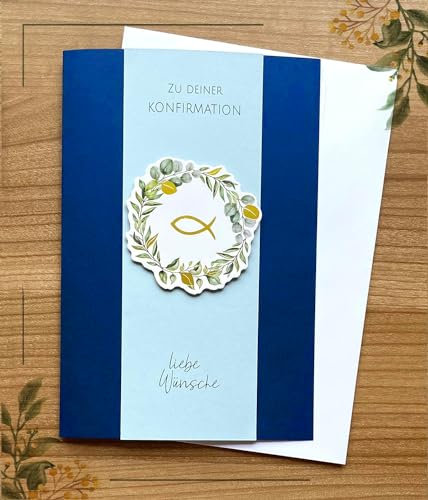 Karte zur Konfirmation, gold, blau Fisch, Konfirmationskarte