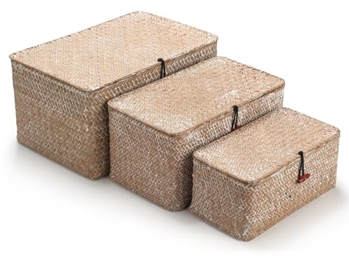 Seagrass Storage Baskets with Lid Natural Rattan Woven Rectangular Organizer Box Set of 3 (Whitewash Large+Medium+Small)