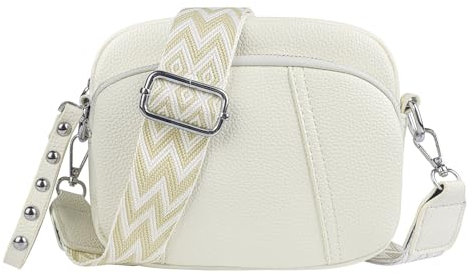 Jangostor Crossbody Bag Damen Breiter Gurt Leder Umhängetasche Damen Handtasche Damen Crossbody mit 3 Reißverschlussfächern und 2 Abnehmbar Schultergurt Off White Kleine Umhängetasche für Damen