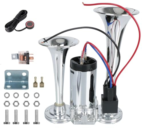 NEWFUN Druckluft Hupe 12v, Lufthorn, Lkw Horn, Train Horn, Doppelrohr Horn, Chrom Zink Dual Trumpet Air Horn mit Kompressor für Alle 12V Fahrzeuge LKW Zug Auto Van Boot Motorrad usw, Silbrig