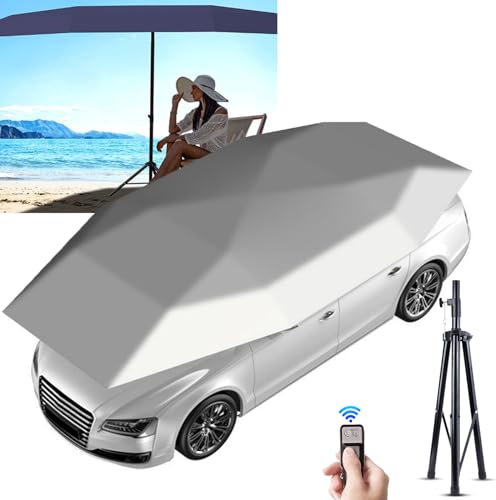 Cochera Automática 2 En 1 Con Soporte Para Exteriores, Cochera Plegable Móvil Con Control Remoto, Parasol Universal Para Automóvil: Diseño Triple a Prueba De Viento Y Diseño Antirrobo,Silver-4.2m