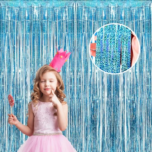 Lametta Vorhang Hellblau 2 Stück (1m x 3m) | Metallisch Glitzernder Luftschlangen Vorhang mit Fransen | Funkelnde Party Deko für Geburtstag, Weihnachten, Festivals & Bühnendekor Hintergrund