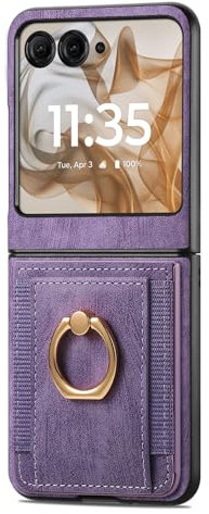Huzhide for Motorola Moto Razr 50 Ultra 5G Case with Ring & Card Holder, Shockproof Retro Leather Full Body Protective Case with Kickstand Foldable Wallet Phone Cover for Moto Razr 50 Ultra, Purple