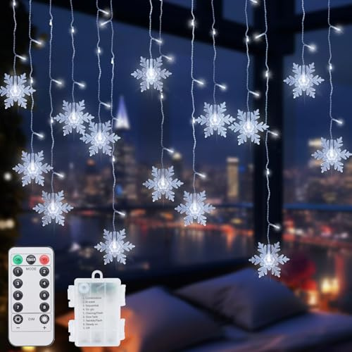 Qoosea Lichtervorhang Schneeflocke, 4.2M 96 LED Weihnachtesbeleuchtung Fenster Innen Batteriebetrieben, Wasserdicht Weihnachten Lichterketten Schneeflocke für Hochzeit Schlafzimmer Deko Lamp, Kaltweiß