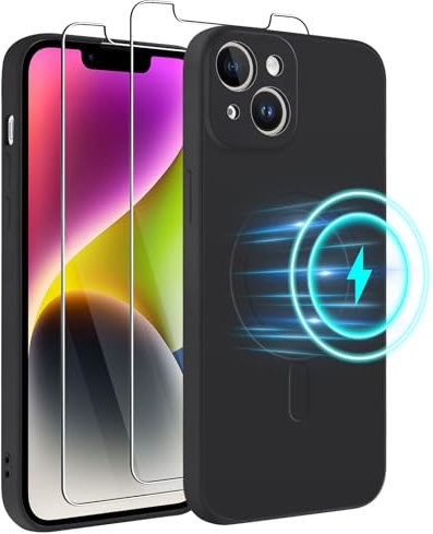 Votvloay Coque Magnétique pour Apple iPhone 14 6,1 avec 2 Verre Trempé, Étui Compatible avec MagSafe, Silicone Liquide Doublure Micrifibre Housse Anti-Rayures Antichoc Case Cover pour iPhone 14, Noir