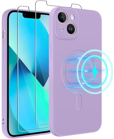 Votvloay Cover Magnetica per Apple iPhone 13 6,1 Custodia e 2 Pellicole in Vetro Temperato,Compatibile con MagSafe,Morbido Silicone Liquido Protettiva Case Cover per iPhone 13,Viola Lilla