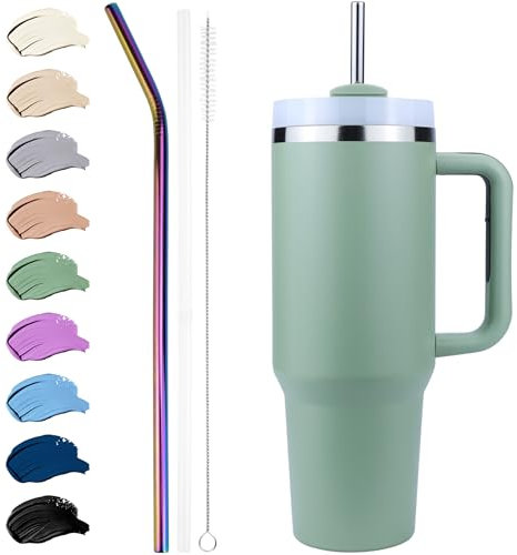 Disoza Thermobecher mit Strohhalm 40 oz Grün Trinkbecher mit Deckel und Strohhalm 1.2 L Kaffeebecher To Go Coffee Becher mit Strohhalm Tumbler Cup Trinkflasche mit Strohhalm Wasserflasche mit Henkel