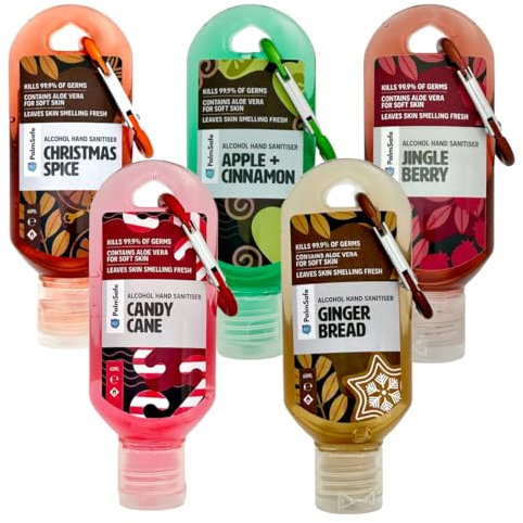 Palm Safe 5 Christmas Pack 60ml Anti Bacterial Premium Hand Sanitiser Travel Size Refillable Clip Bottle Non Sticky Extra Moisturising Kills 99.9% of Bacteria Stocking Filler Scents May Vary