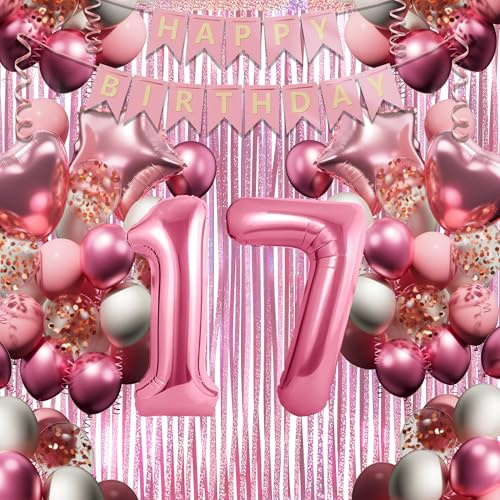 17. Geburtstagsdeko Mädchen, Rosa-Weiß Geburtstag Luftballons Set mit XXL Zahl 17, 40 Latexballons, 4 Folienballons, Rosavorhang & Happy Birthday Banner usw, Party Deko für 17-jährige Junge Frau