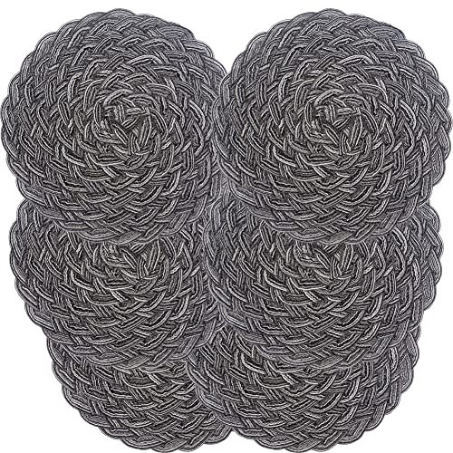 Woven Placemats,Round Woven Flower Shaped Cotton Placemats 18cm Small Table Mats Coasters Set of 6(Black)