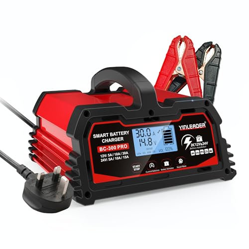 Car Battery Charger 30A 12V/24V 15A Car Battery Charger Fully Automatic Intelligent Trickle Charger with LCD Display Charger for Car Motorcycle Batteries and 12V LiFePO4 Battery