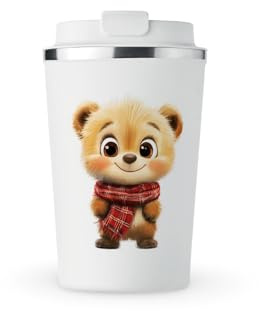 MAXIKIWI - Insulated Double Walled, Leakproof Stainless Steel Mug, Coffee or Tea Travel Tumbler with Lid, Keep Drinks Hot and Cold - Cute Smiling Teddy Bear with Scarf 1-350ml