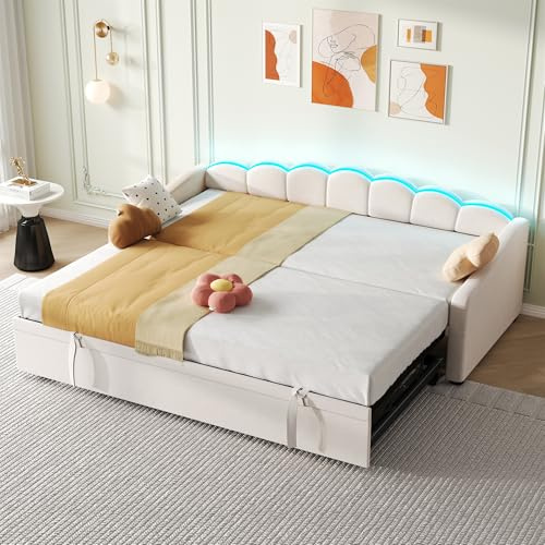 LTGB Upholstered Bed 90x190cm, Daybed with Trundle, Sofa Bed with RGB LED Lighting, 3ft Petal Shape Single Bed, for Living Room/Bedroom/Study Room, Velvet, Beige